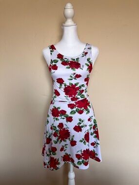 Divided White Mini Dress with Red Rose Print